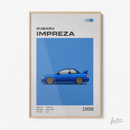framed art showing a blue Subaru Impreza illustration on a bright blue background with a light wood frame