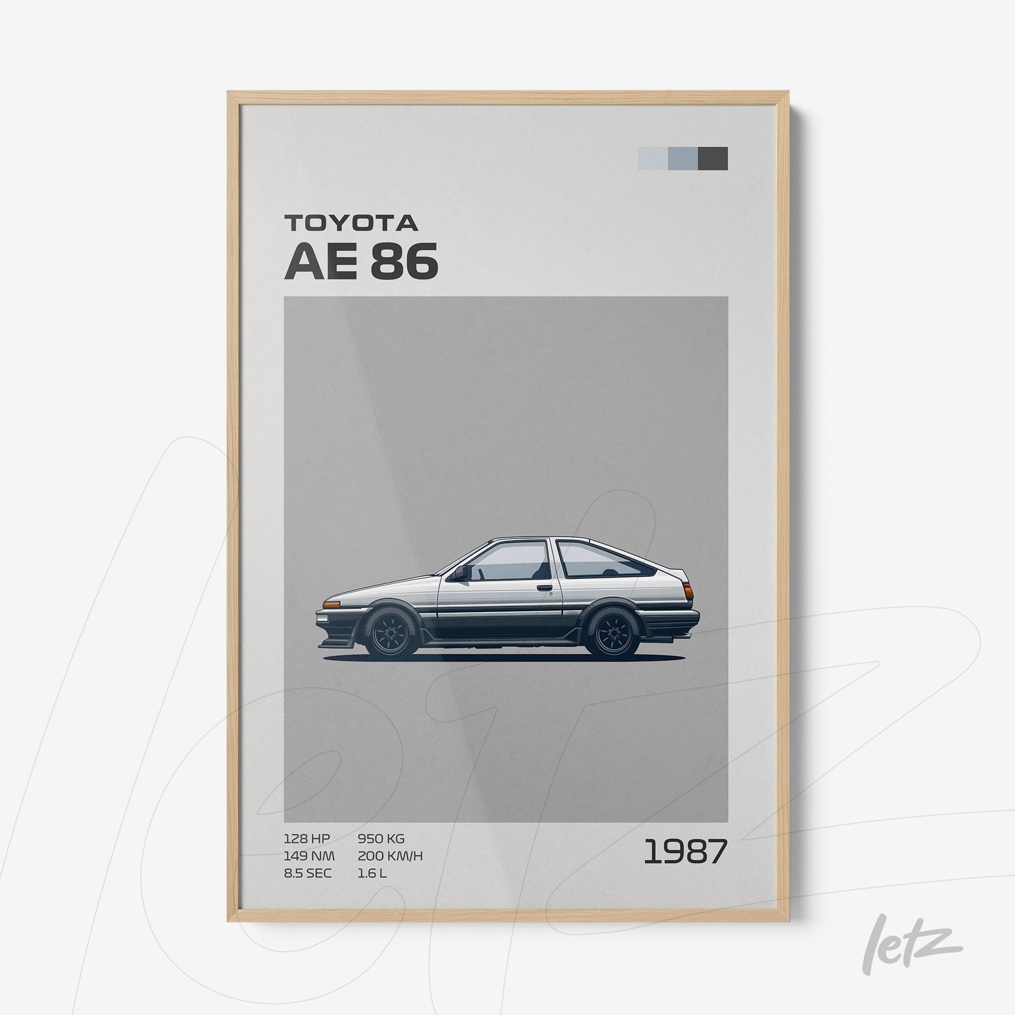 framed artwork of the Toyota AE 86 car with light wood frame against a gray background
