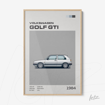 framed wall art featuring an illustration of the 1984 Volkswagen Golf GTI in a light wood frame