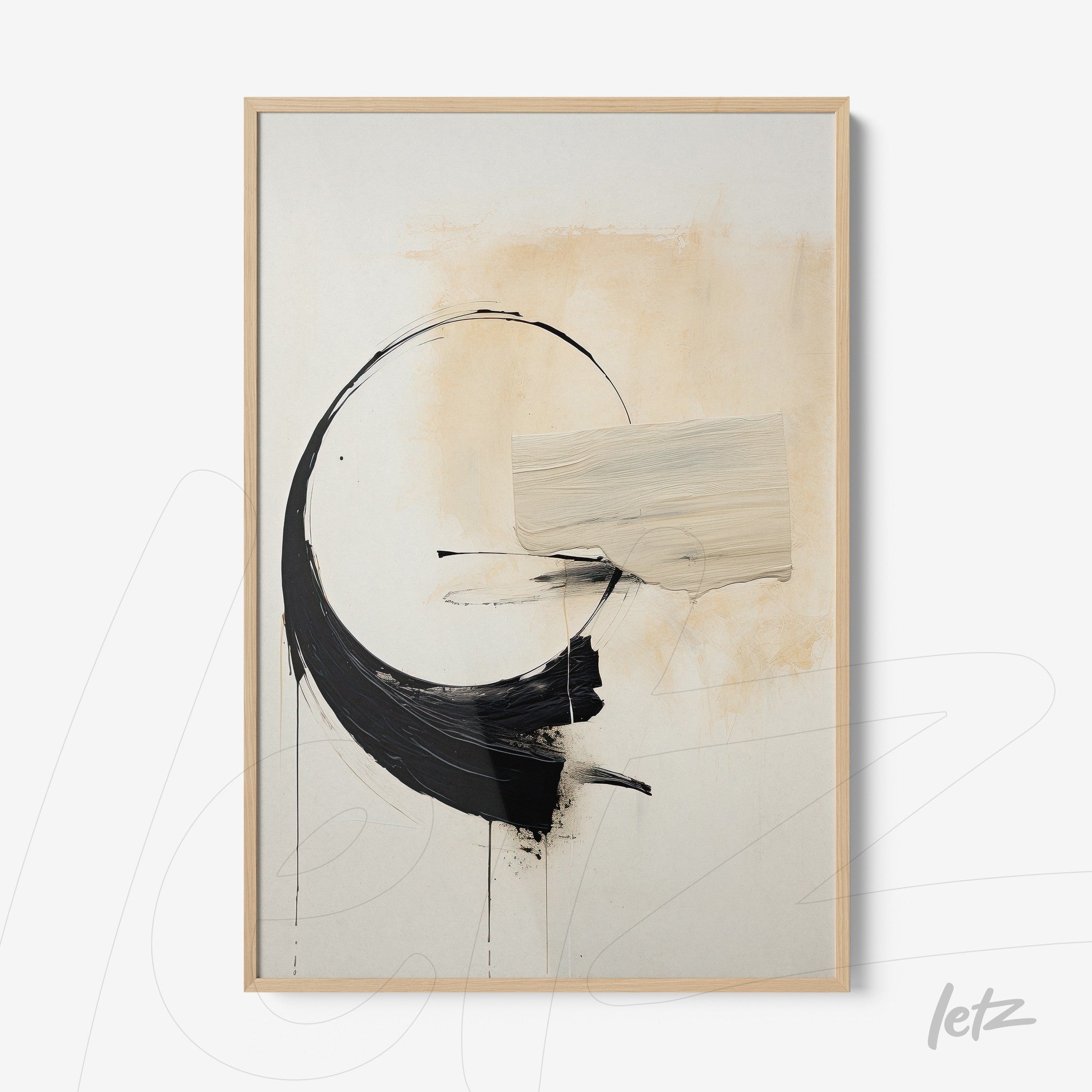 abstract artwork featuring black and cream brush strokes on a light background, framed in light wood