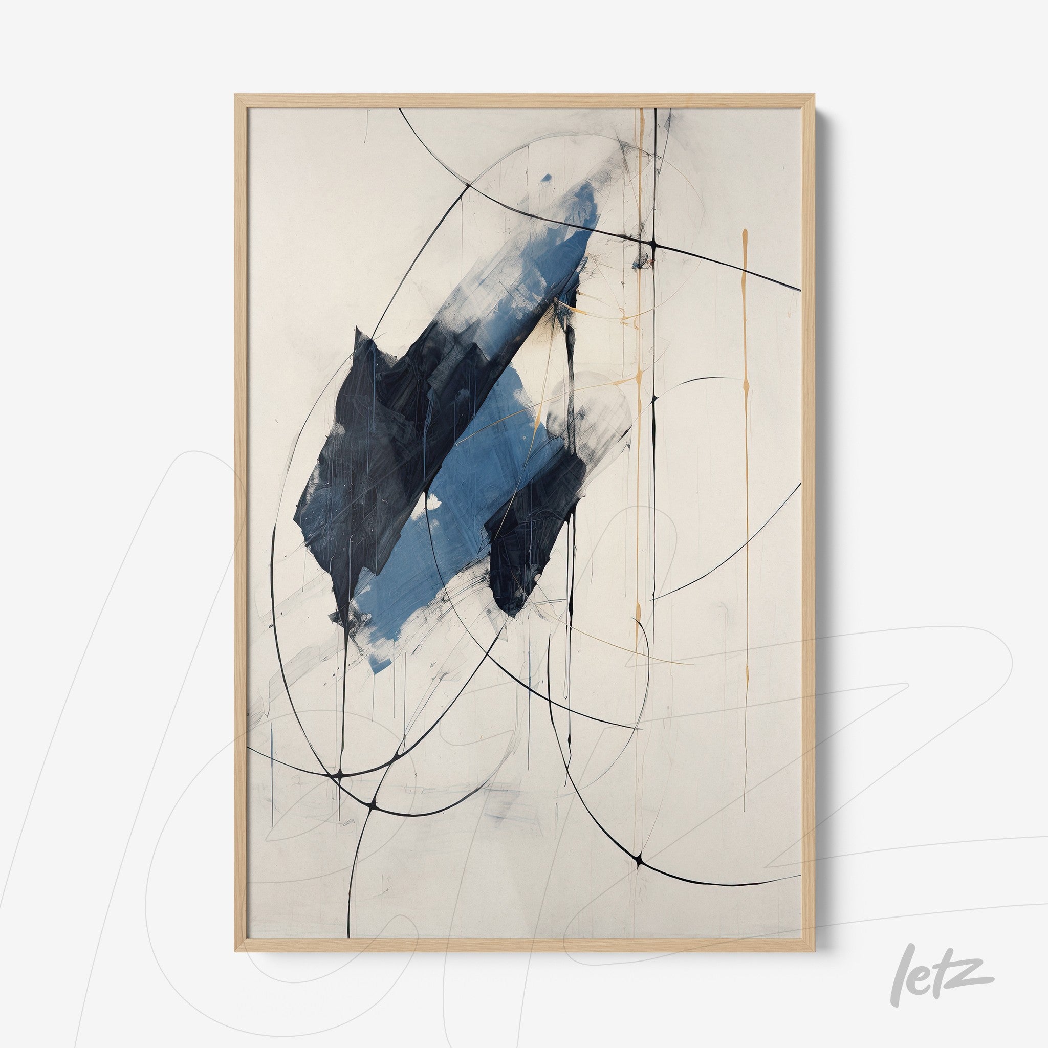 abstract wall art featuring geometric shapes in shades of blue and black lines in light wood frame