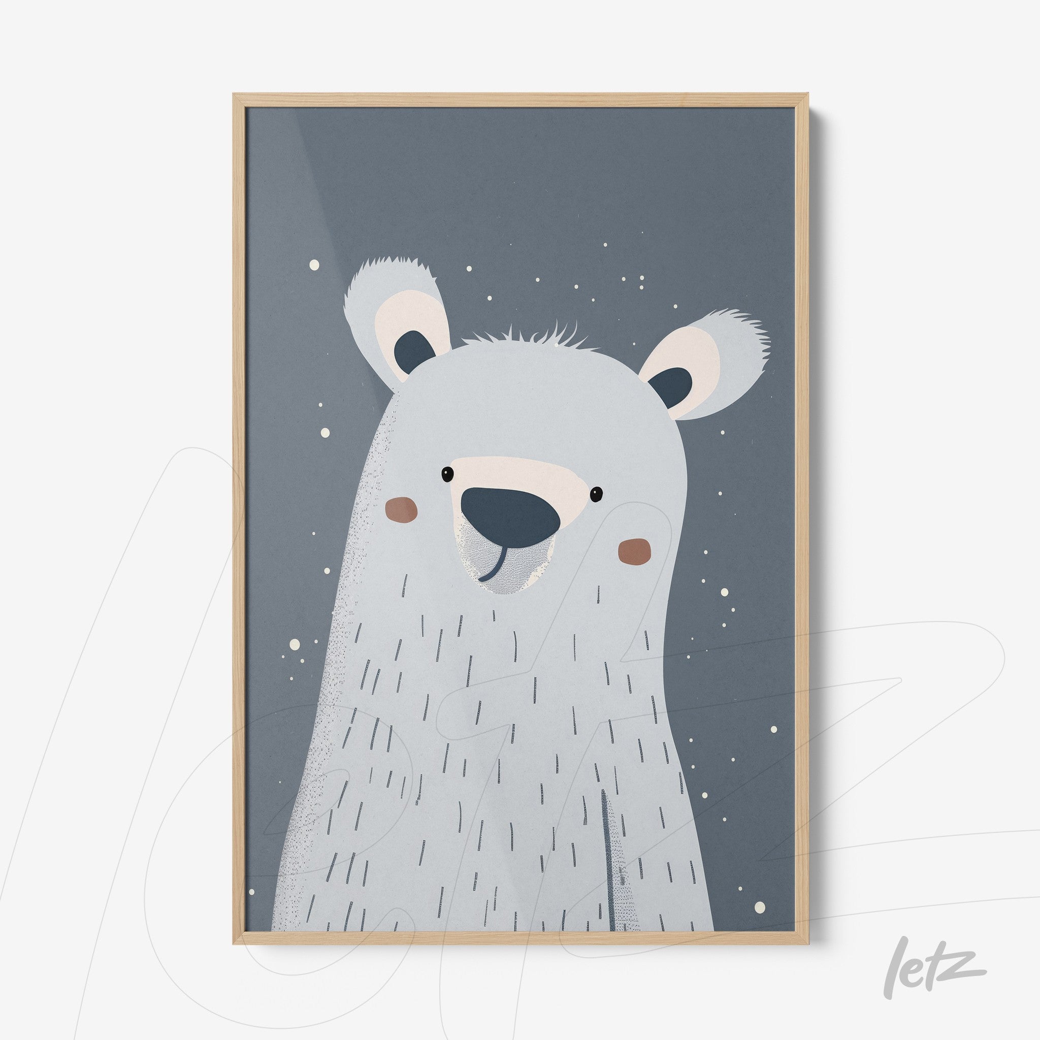 poster with a stylized illustration of a polar bear on a dark blue background framed in light wood