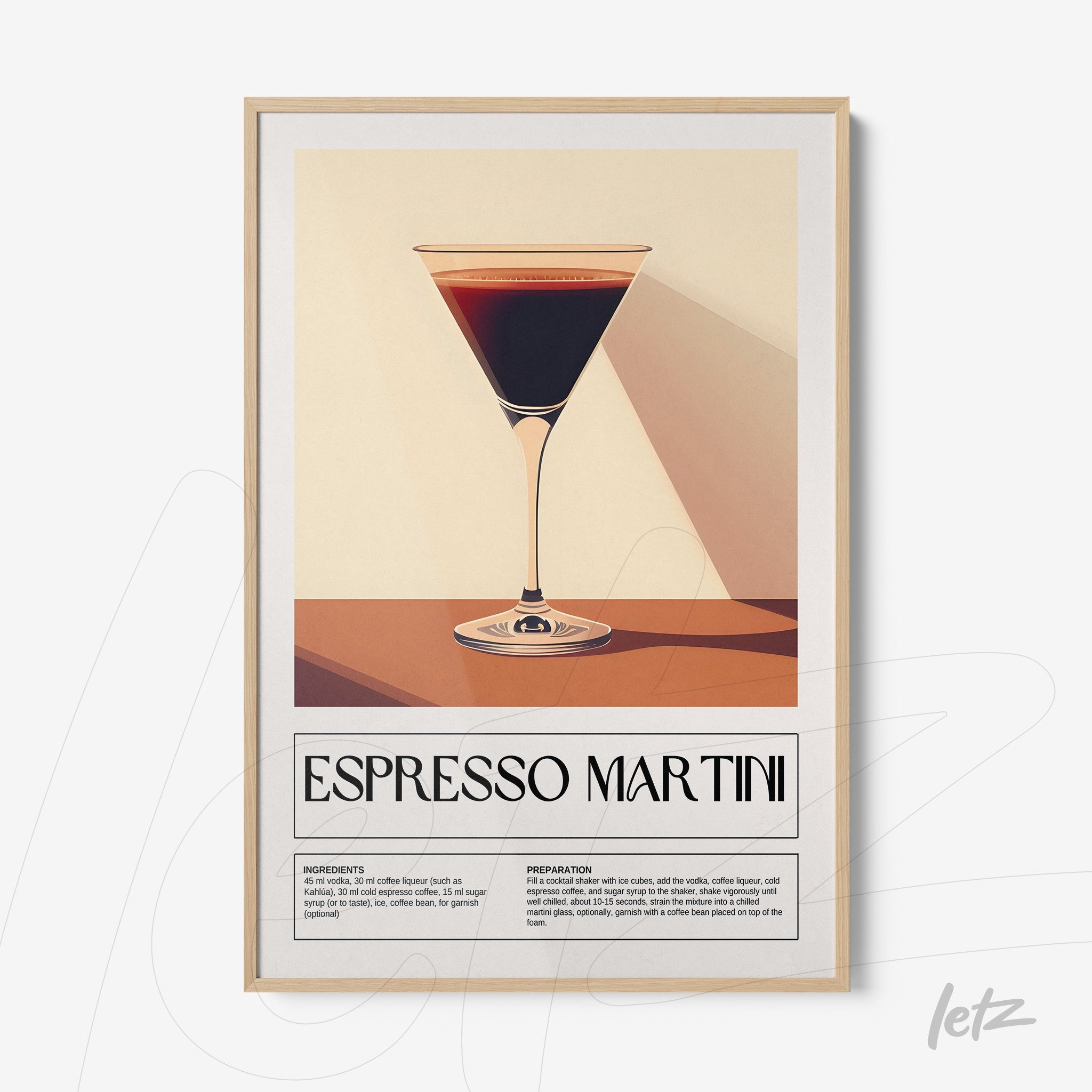 minimalist framed art of espresso martini cocktail with light frame and neutral background