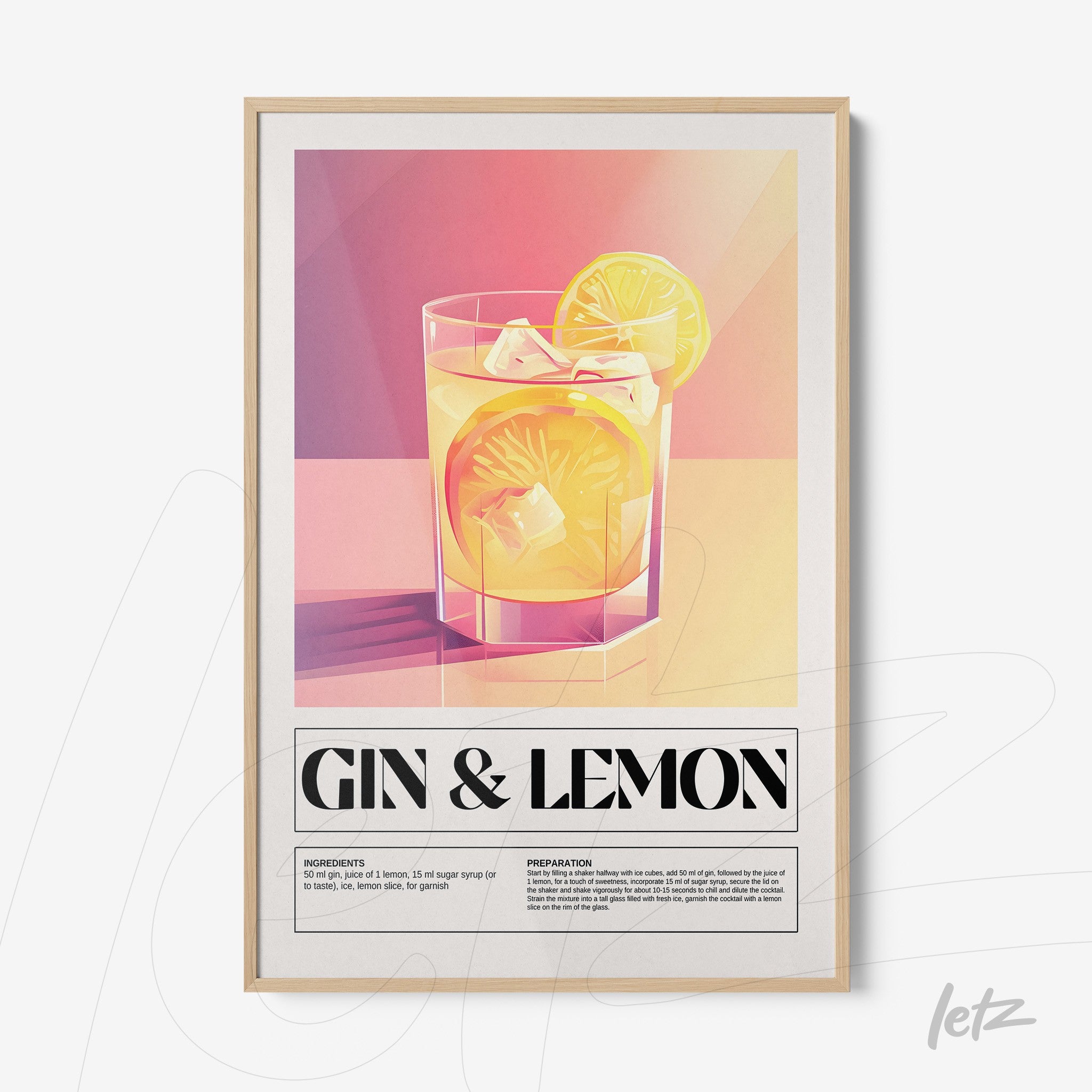 framed digital art of gin and lemon cocktail with light wood frame