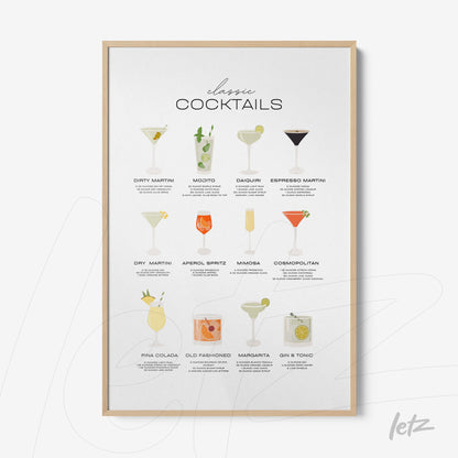 framed artwork featuring illustrations of classic cocktails with a light wood frame and white background