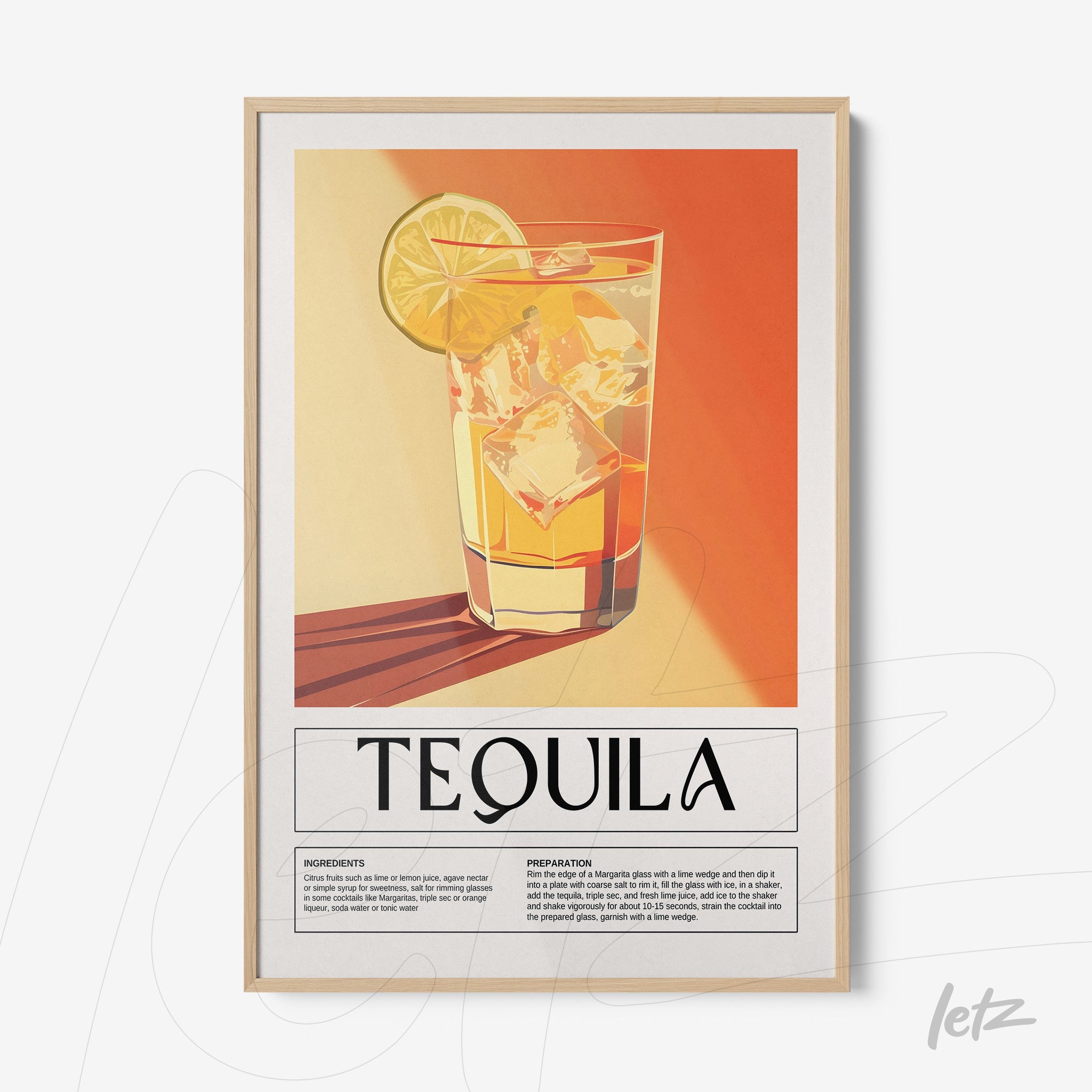 vintage style framed art of tequila cocktail with light frame and orange background
