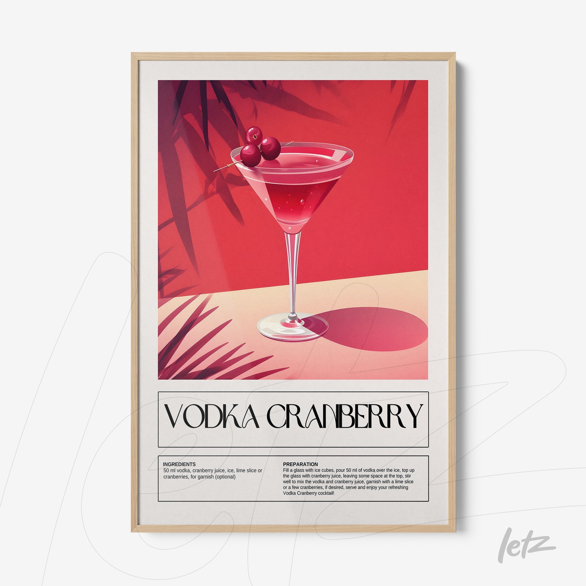 framed art of vodka cranberry cocktail illustration with bright pink background