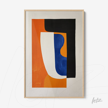 abstract wall art in orange, blue and black tones with light wood frame