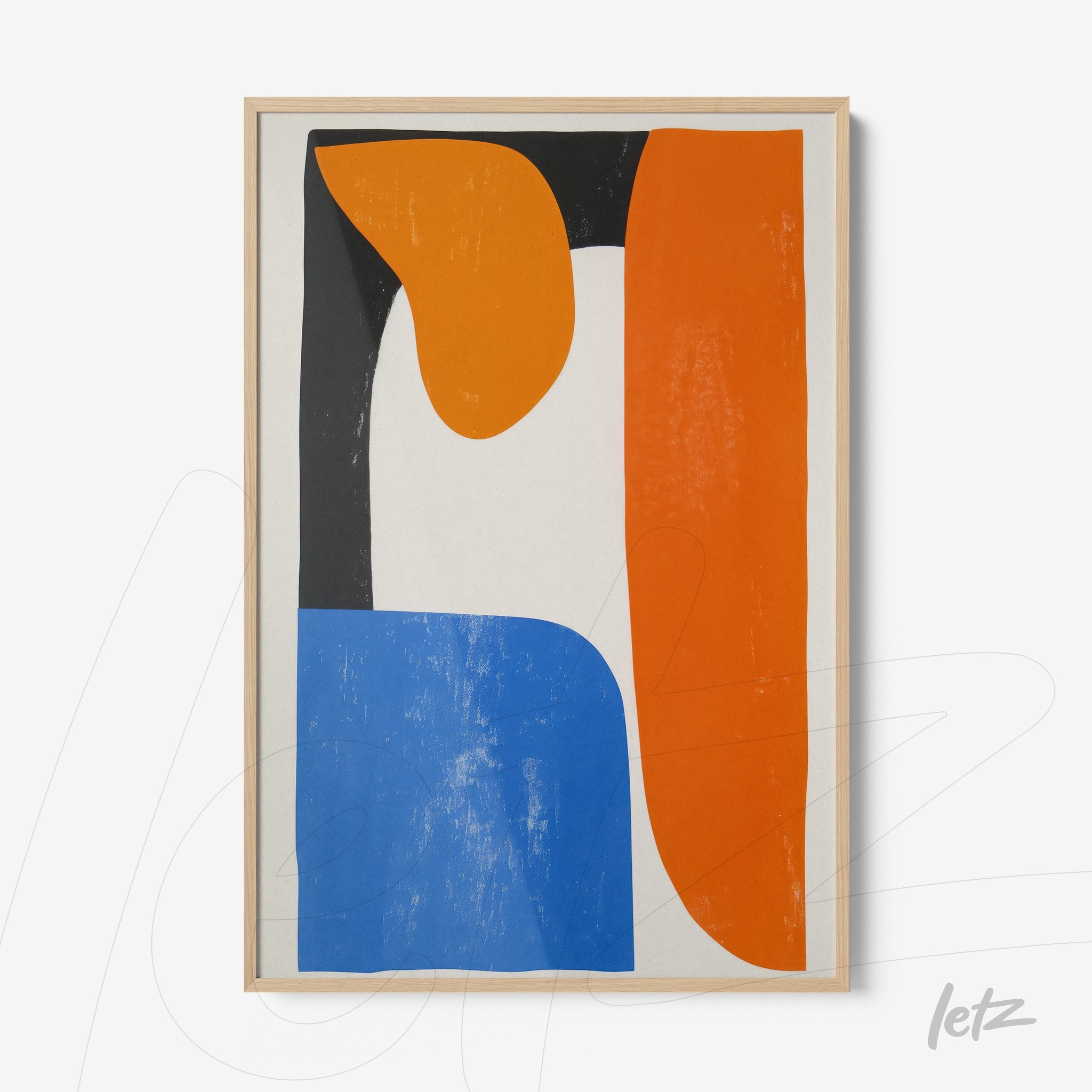 framed abstract wall art featuring orange, black, blue, and white shapes with light wood frame