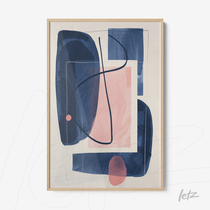 abstract wall art featuring geometric shapes in shades of blue and pink with light wood frame