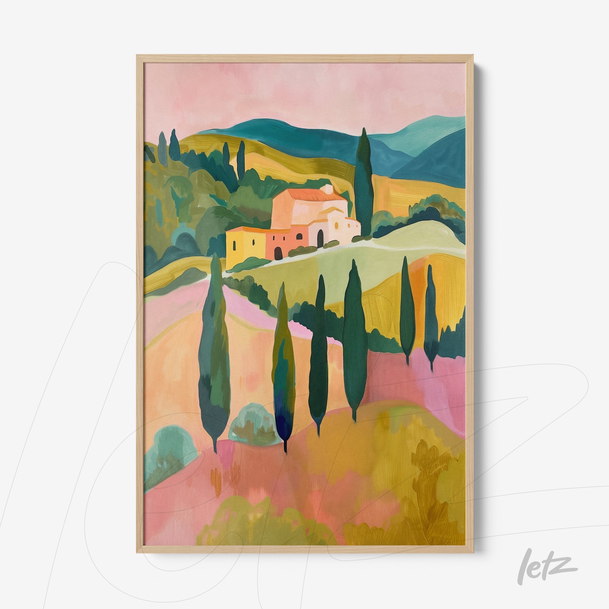 framed artwork featuring a countryside landscape with green hills, cypress trees, and a rustic house in pastel tones