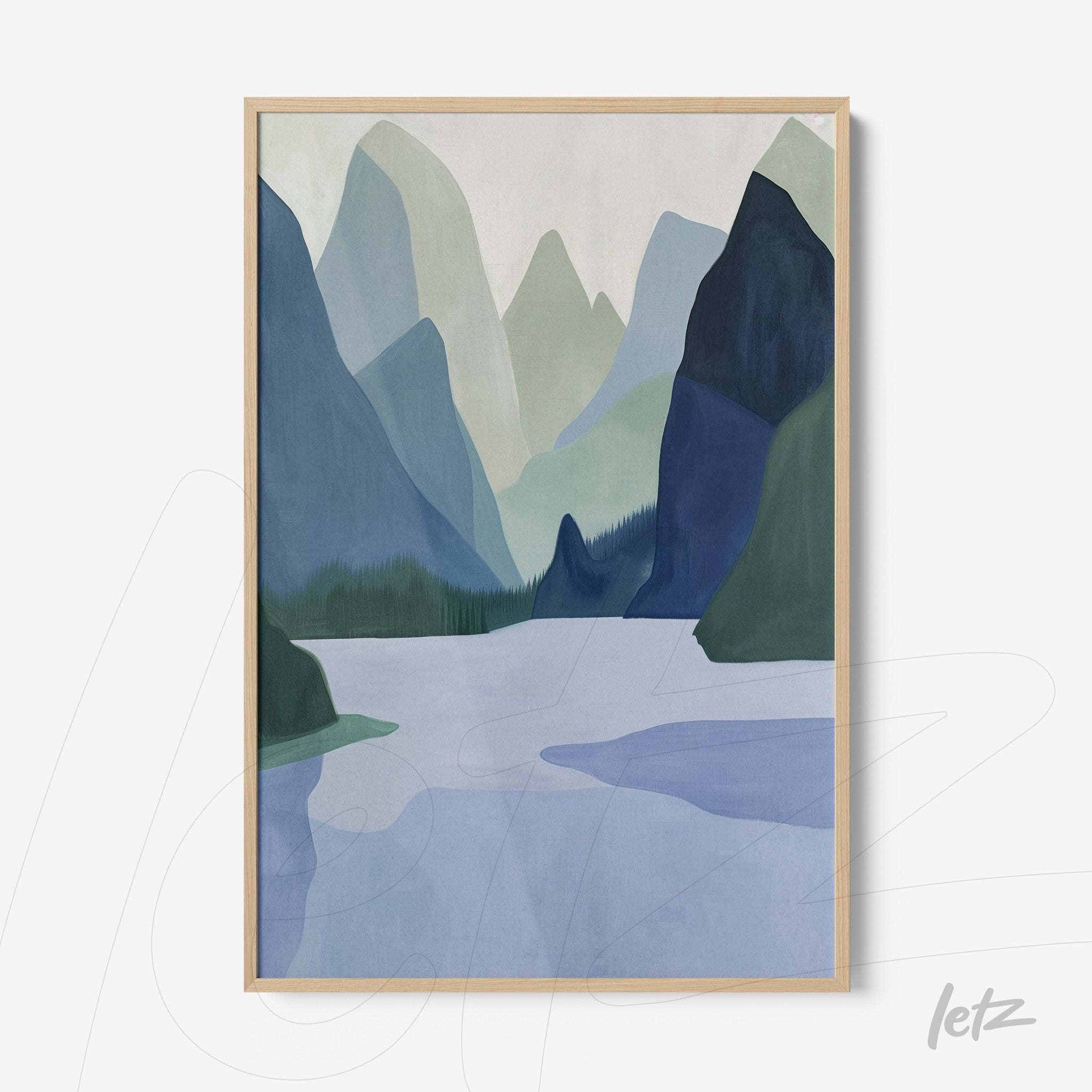framed wall art featuring a modern illustration of a mountainous landscape in shades of blue and green with light wood frame