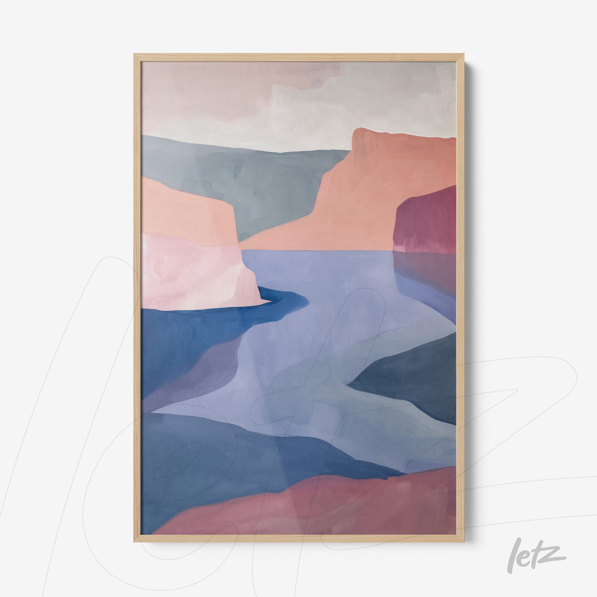 abstract landscape wall art in shades of pink and blue with light wood frame