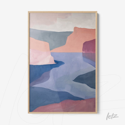 abstract landscape wall art in shades of pink and blue with light wood frame