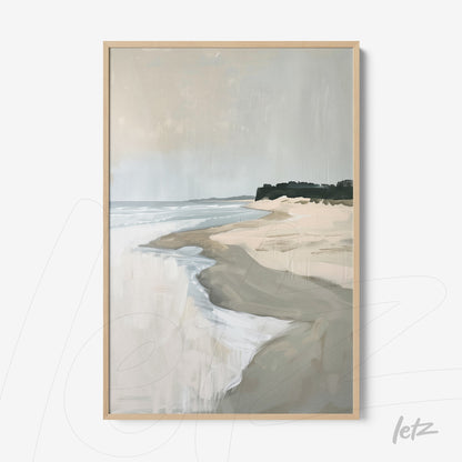 framed artwork of an abstract beach landscape in light wood frame