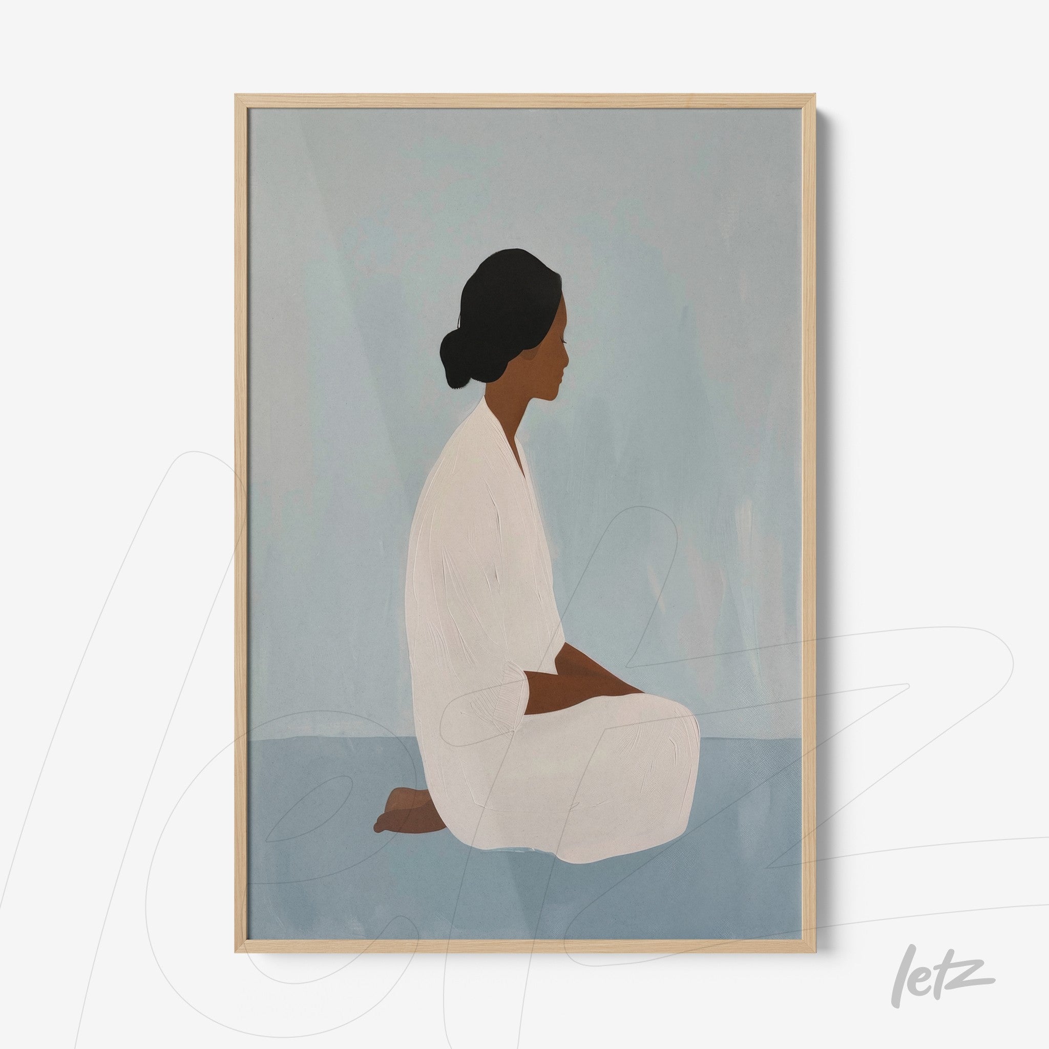 framed artwork featuring a woman in a contemplative pose, set against a soft blue background and light wood frame