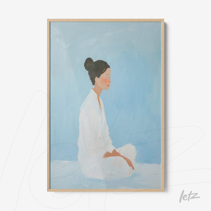 framed artwork featuring a minimalist portrait of a seated woman against a light blue background with a light wood frame