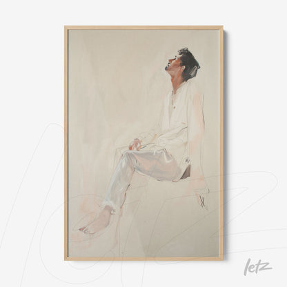 artistic painting of a seated male figure with a contemplative expression in light wood frame