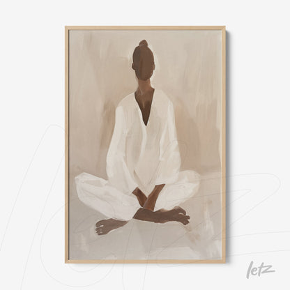 minimalist wall art of a female figure in a meditative pose with light frame