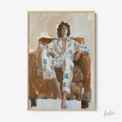 framed artwork of a person lounging on a brown sofa wearing white pajamas with blue clouds
