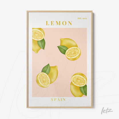framed art featuring lemons on a light pink background with a light wood frame and yellow accents