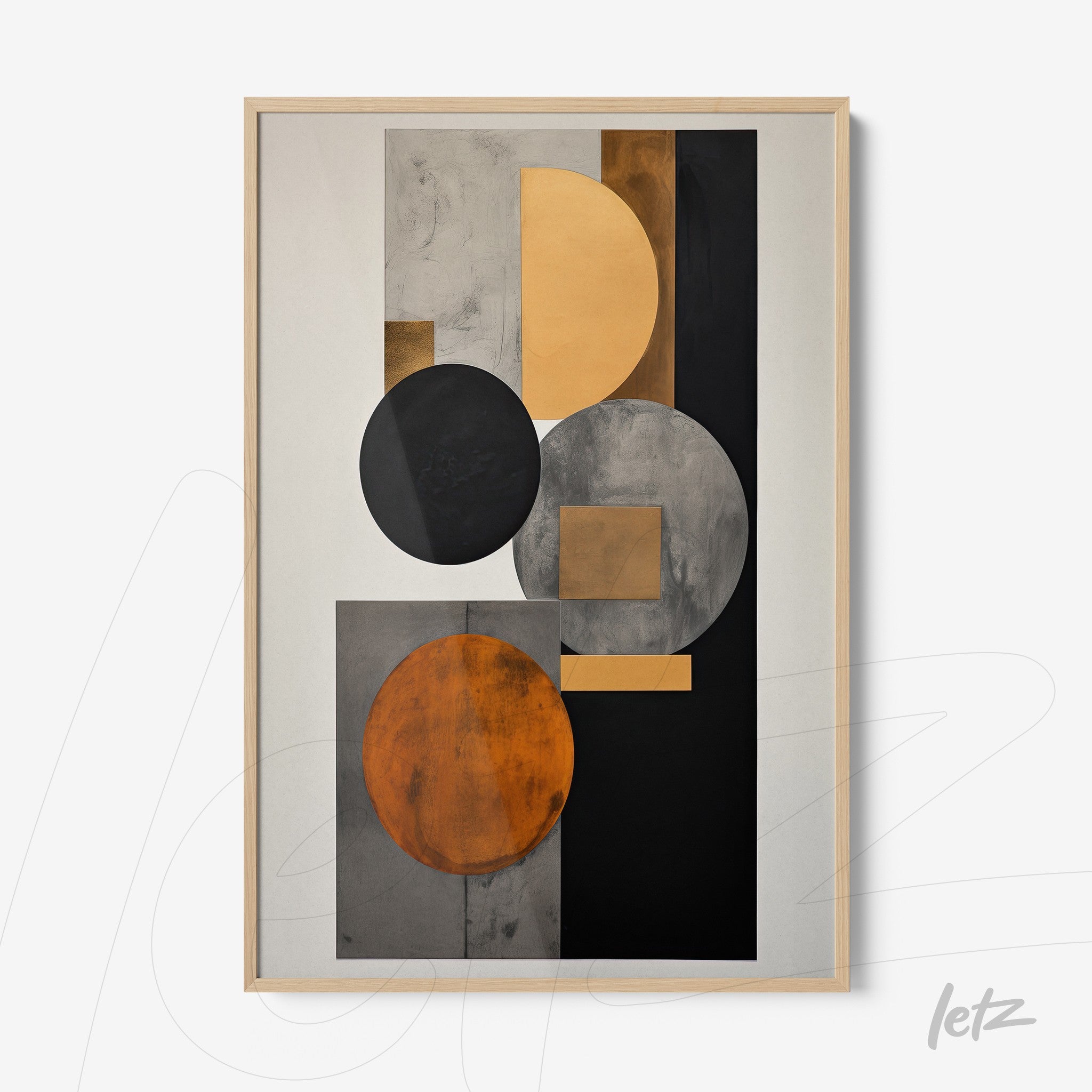 framed abstract art piece featuring circles and geometric shapes in shades of orange, black, and gray with a light wood frame