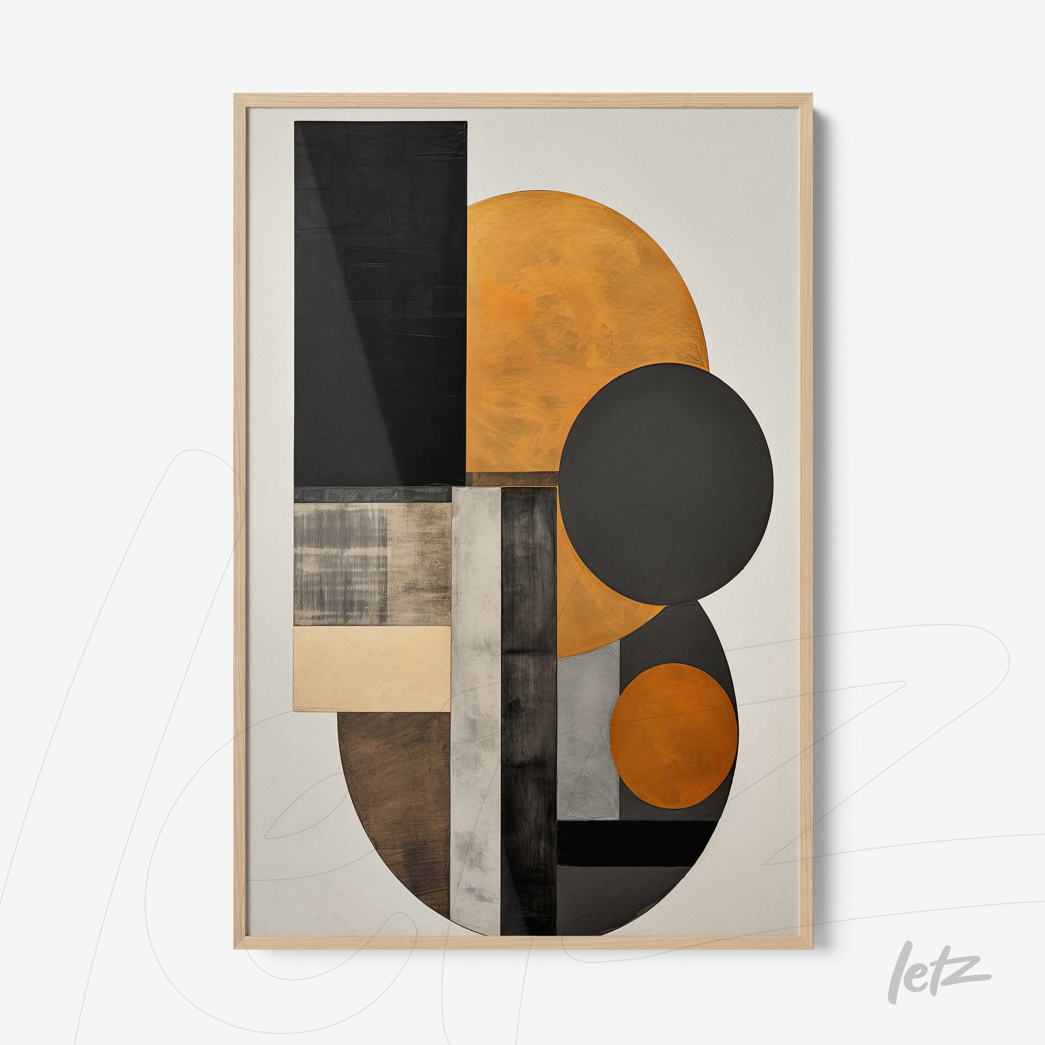 framed abstract art piece in shades of black, orange, and gray with light wooden frame