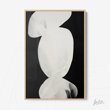 abstract wall art featuring white and black tones with light wooden frame