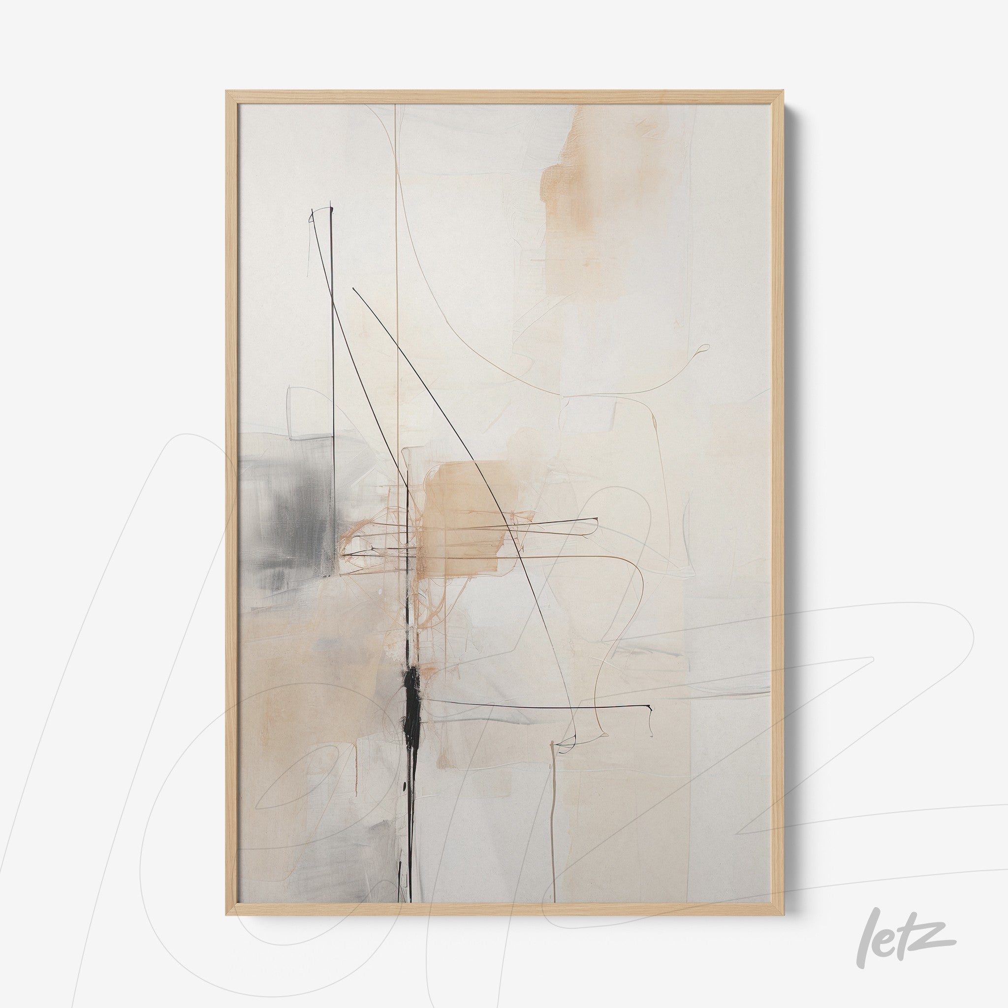 abstract artwork featuring geometric shapes in neutral tones and black lines, in a light wood frame