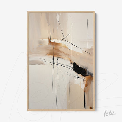 abstract wall art featuring black lines and earthy tones in a light wood frame