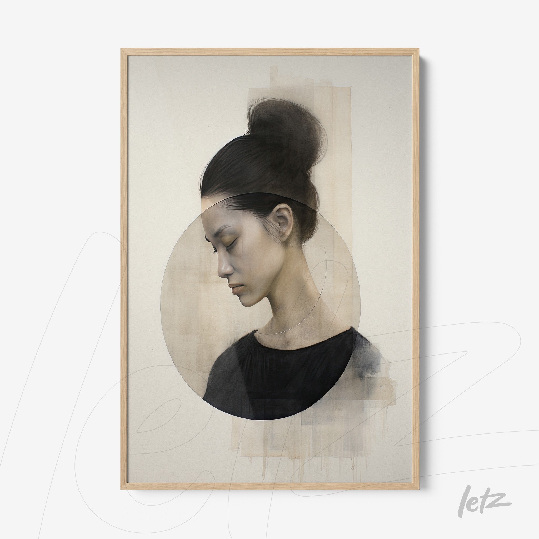 framed contemporary art piece depicting a contemplative woman against an abstract background with a light frame