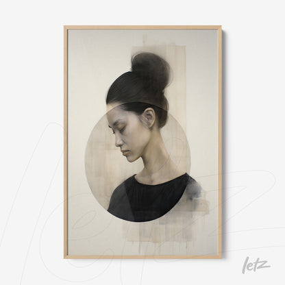 framed contemporary art piece depicting a contemplative woman against an abstract background with a light frame