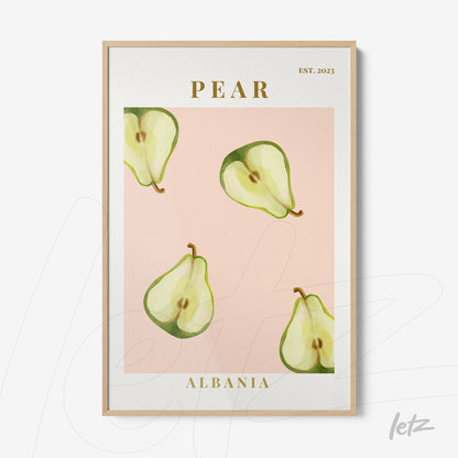 framed art featuring pear illustrations on pink background with light wood frame and golden text