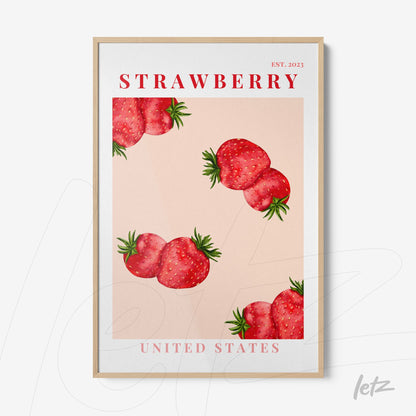 decorative wall art featuring strawberry illustrations on a pink background with light wood frame