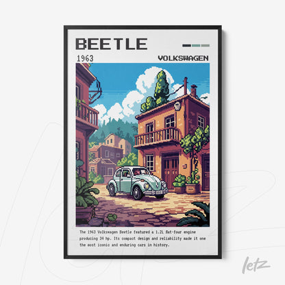 framed retro artwork of a 1963 Volkswagen Beetle with a black frame