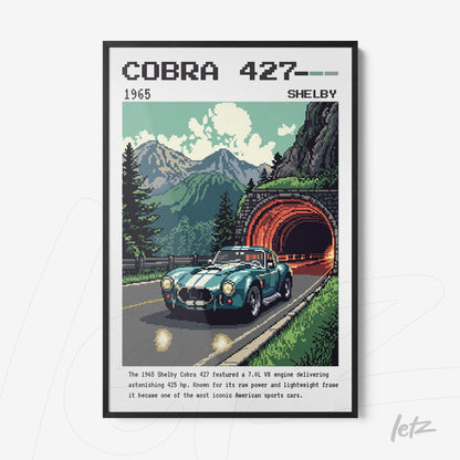 pixel art framed wall art of a Shelby Cobra 427 car on a mountainous road with a tunnel