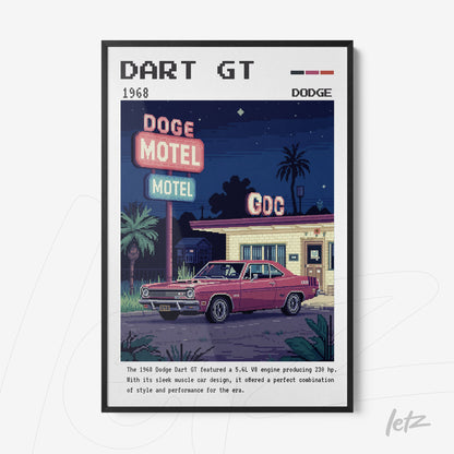 retro pixel art framed print of 1968 Dodge Dart GT featuring neon signs and scenic motel background