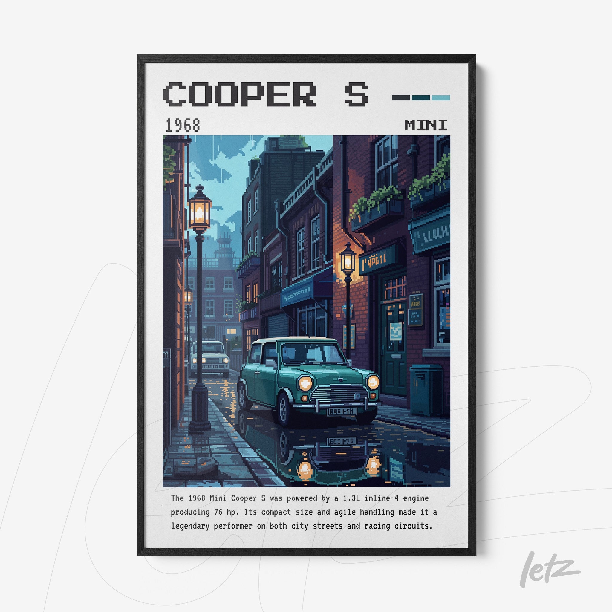 framed pixel art illustration of a Mini Cooper S parked on a rainy urban street at night