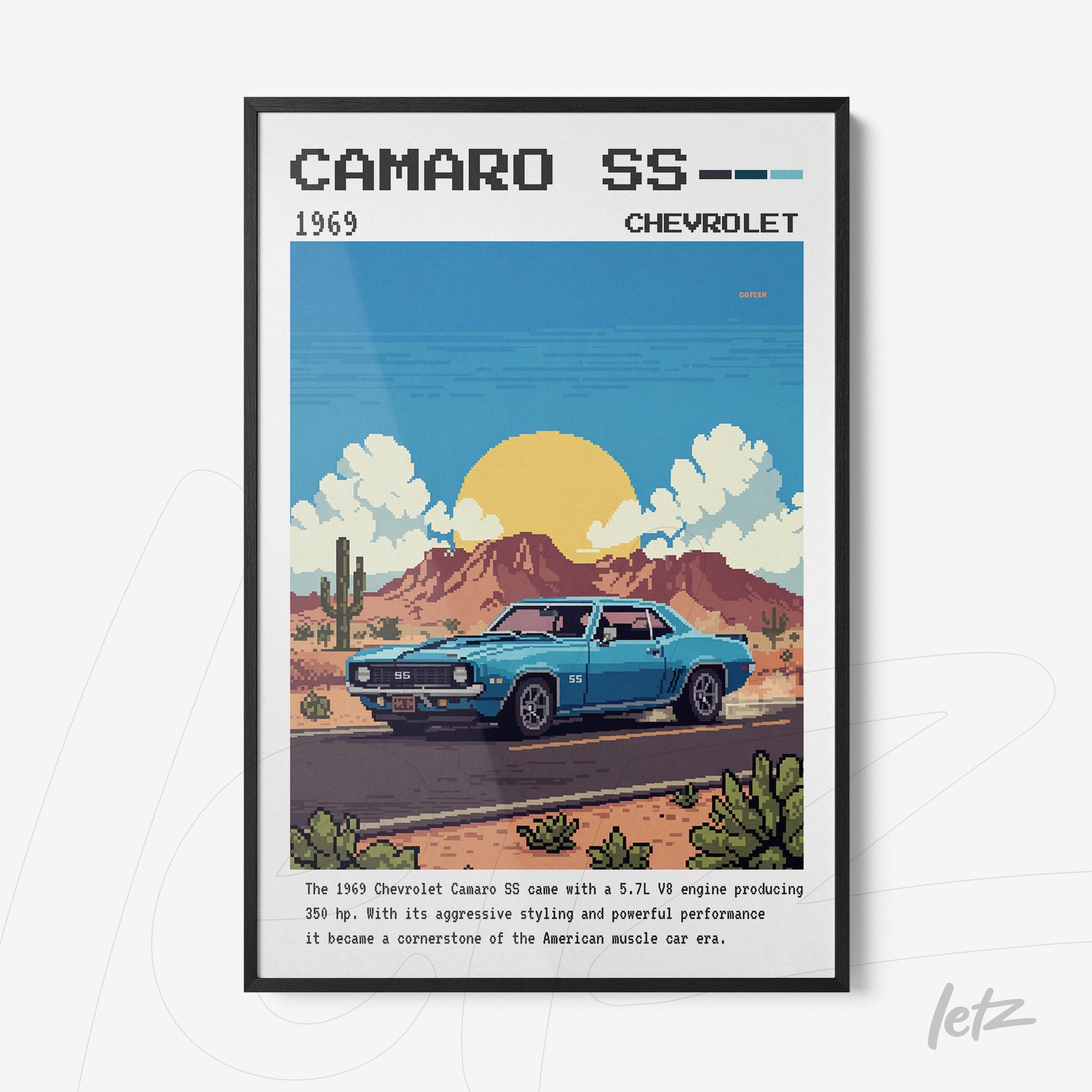 framed digital art of a 1969 Camaro SS in a desert landscape with a black frame