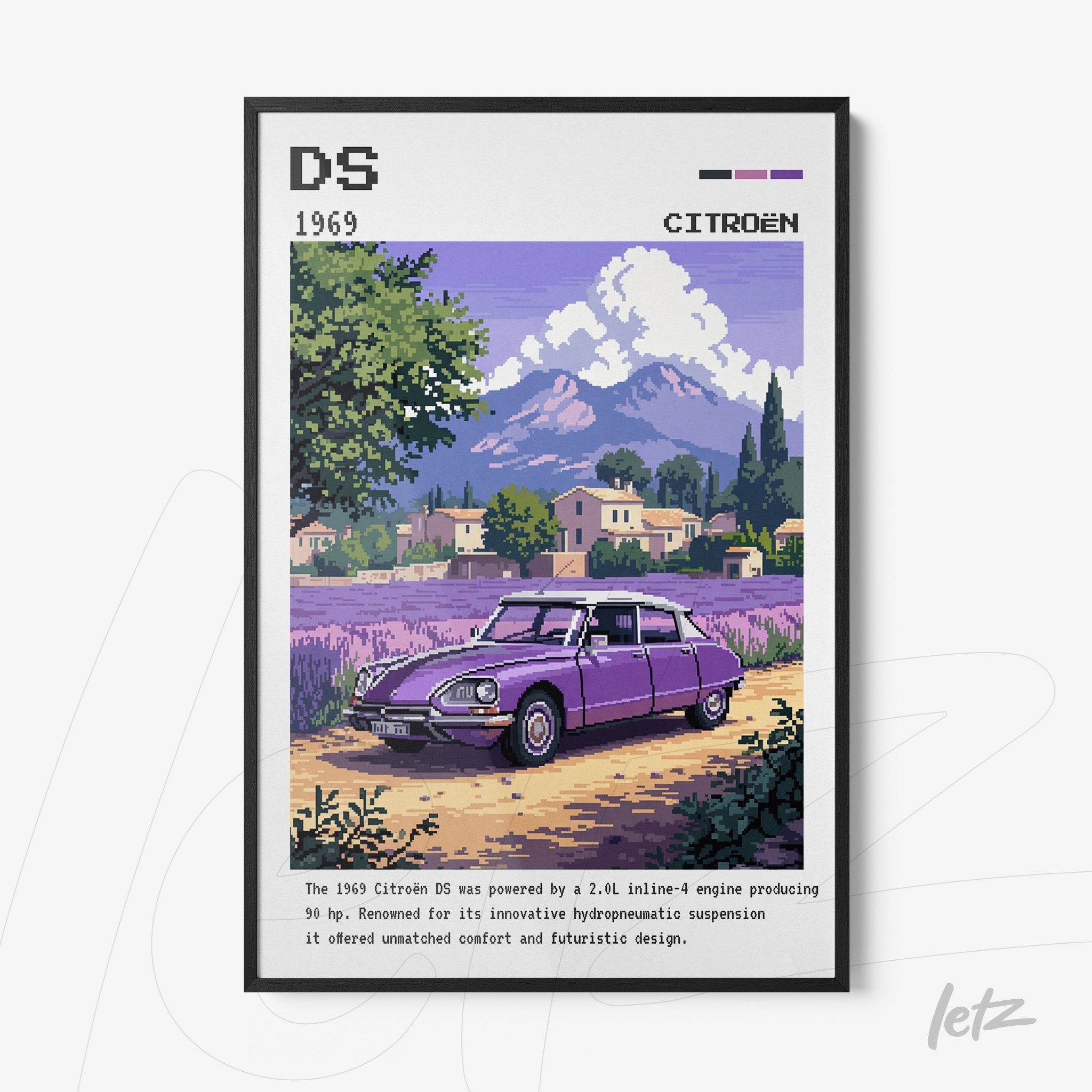 digital artwork of the classic Citroën DS car in a scenic landscape with mountains in the background
