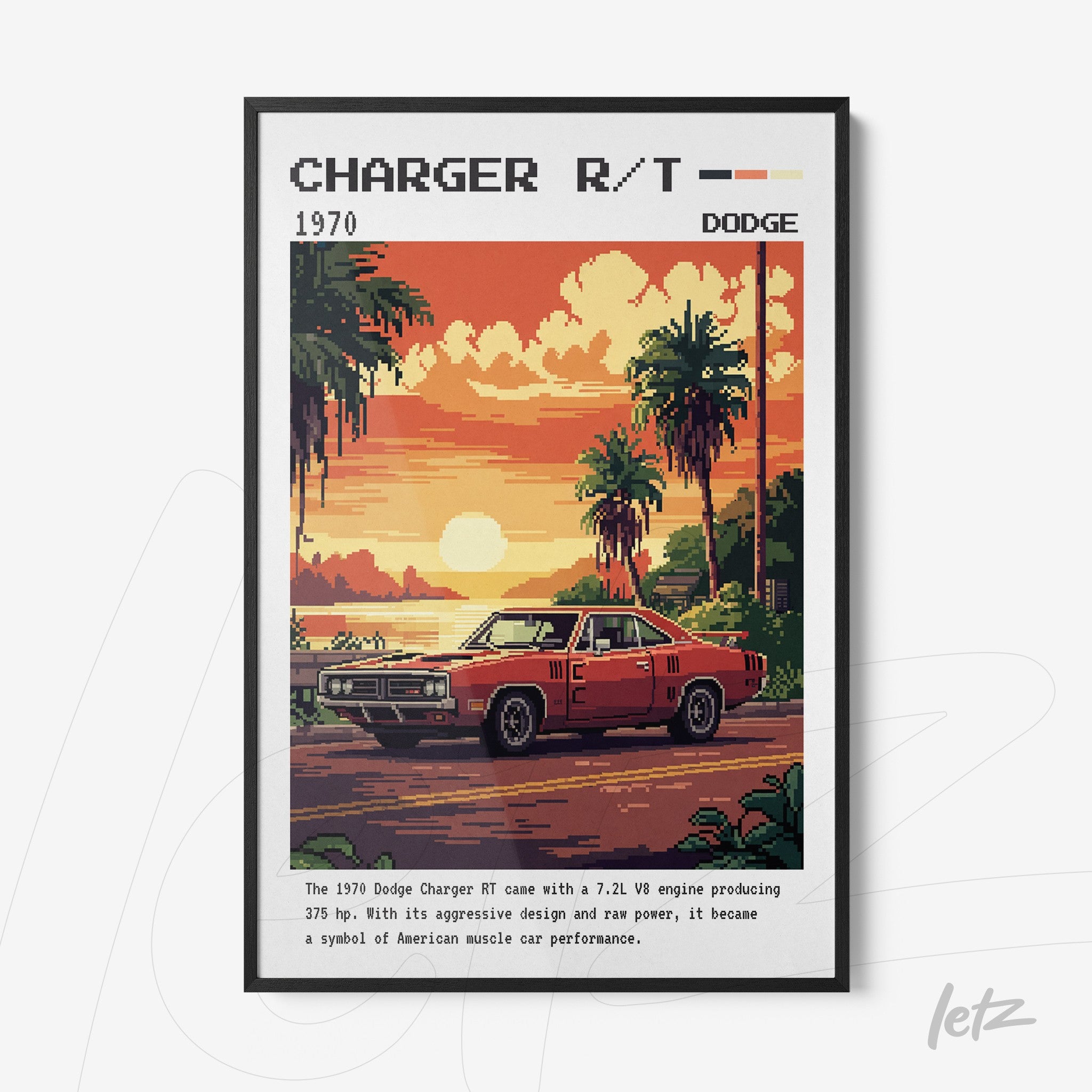 retro style framed art of 1970 Dodge Charger R/T with black frame