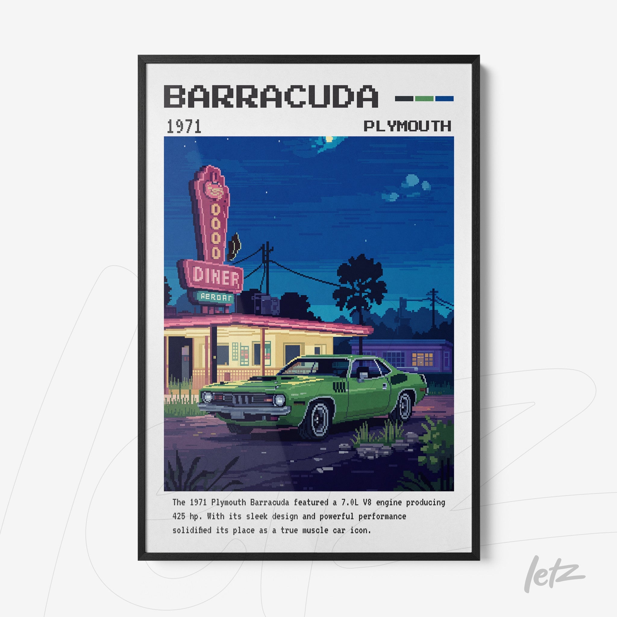 retro digital art print of a green Plymouth Barracuda parked in front of a 1970s diner with a black frame