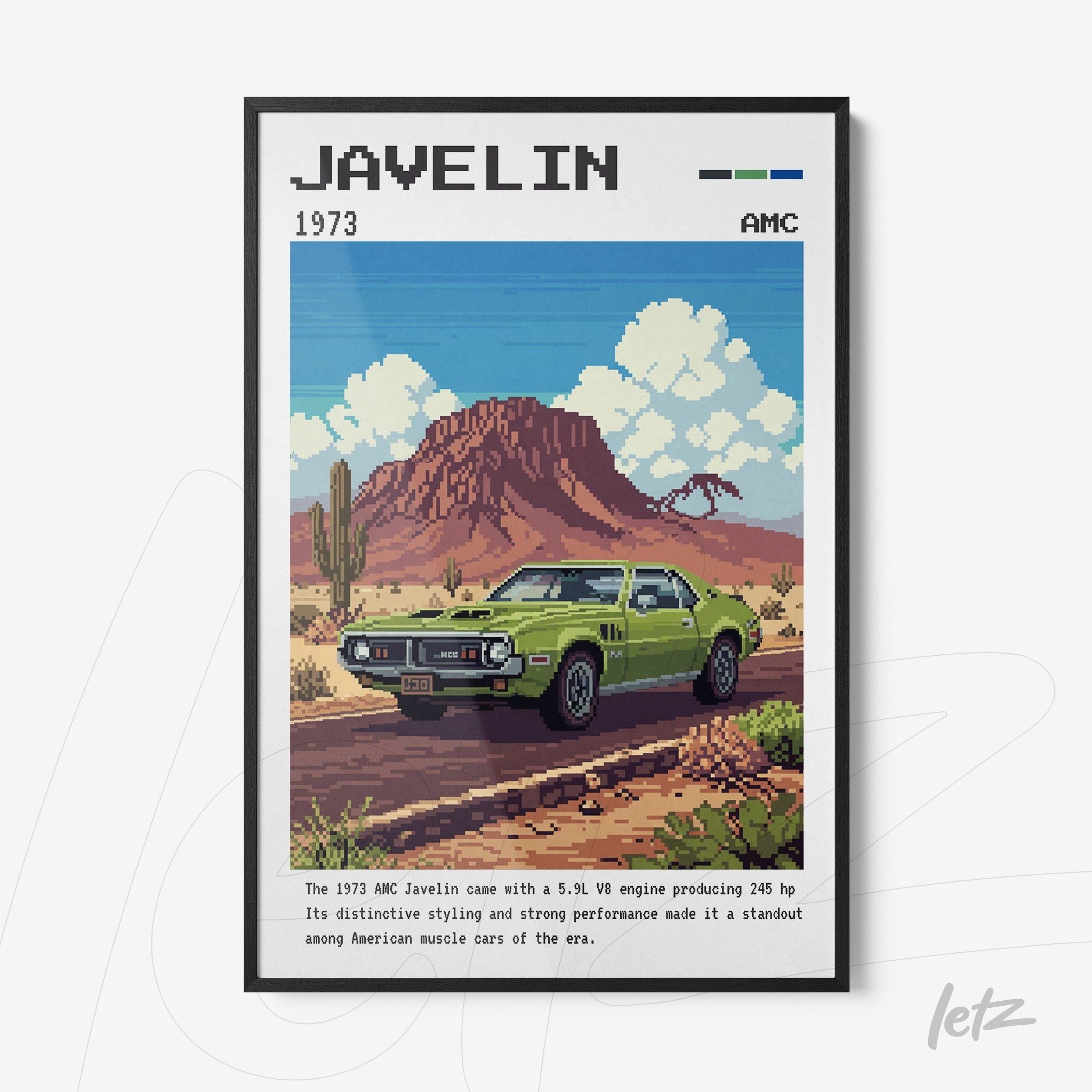 pixel art poster of a 1973 Javelin car in a desert landscape