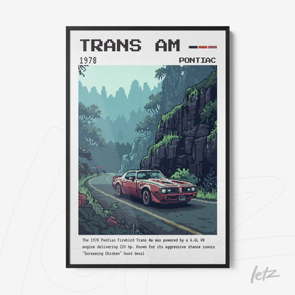 retro style framed art of 1978 Pontiac Trans Am with mountain and road background