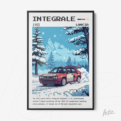 pixel art framed print of a lancia delta integrale car in a snowy landscape with trees in the background and black frame