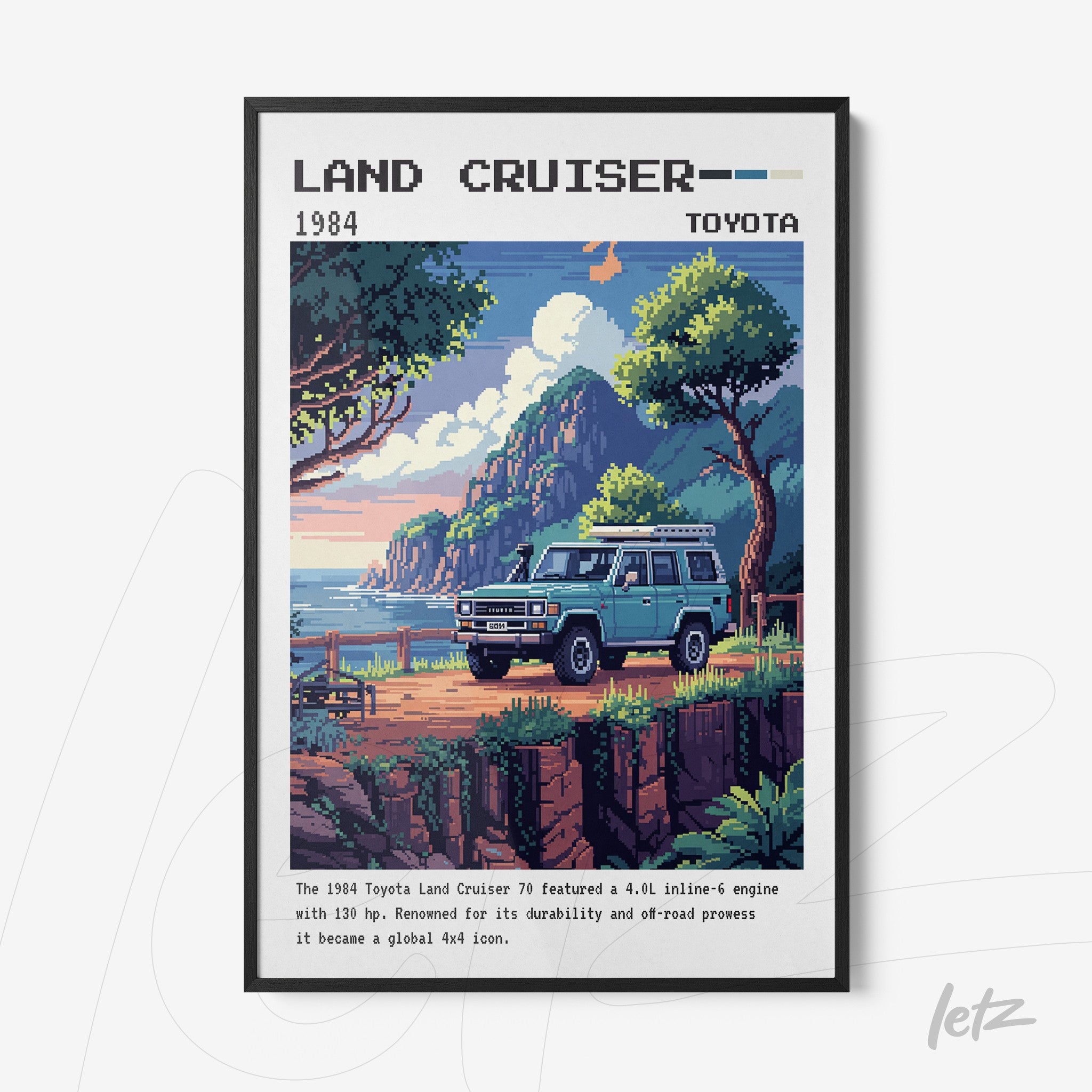 framed pixel art of the 1984 Toyota Land Cruiser featuring a coastal mountain landscape