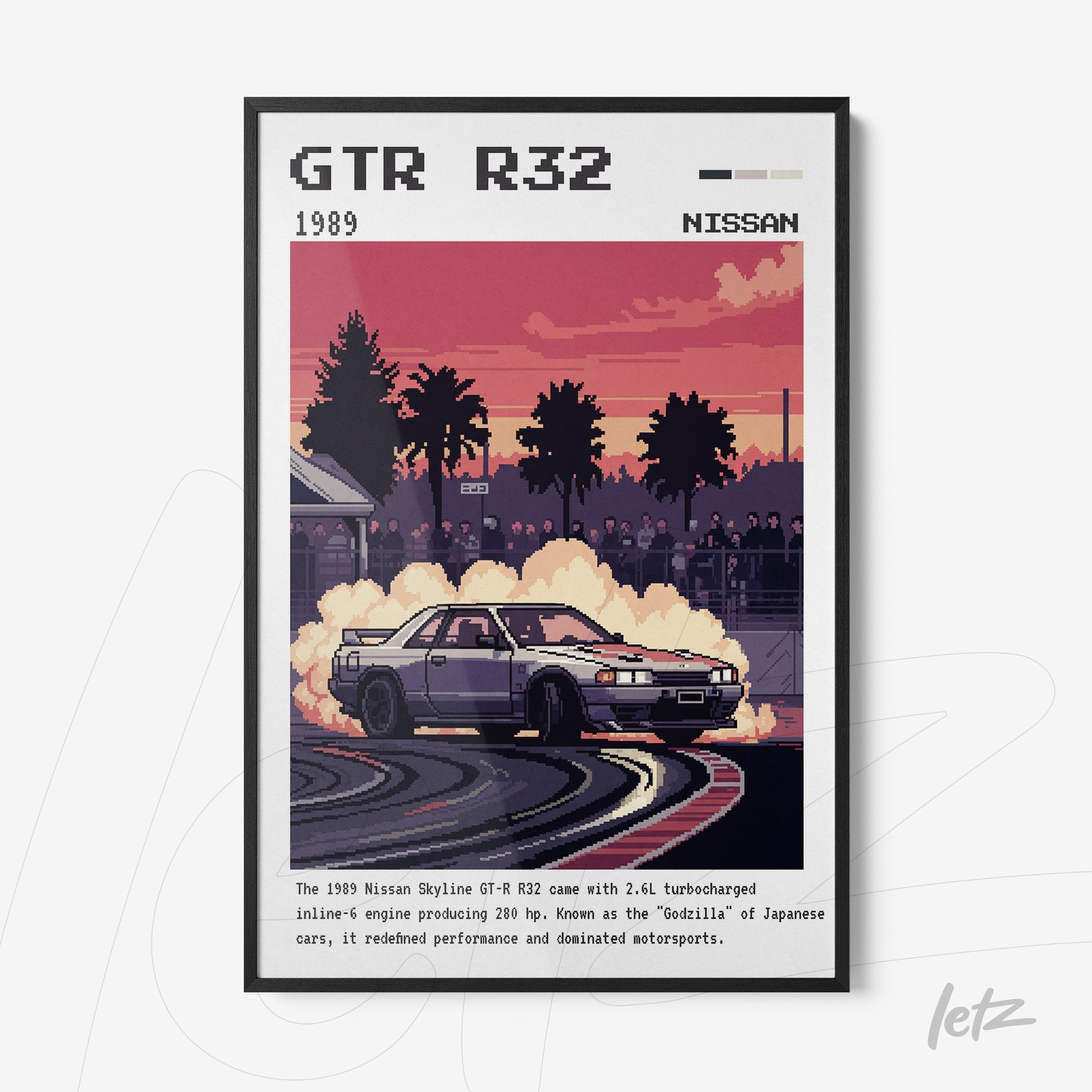 retro wall art featuring a Nissan Skyline GT-R R32 racing scene with sunset background and black frame