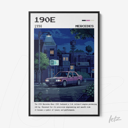 framed pixel art of a Mercedes-Benz 190E in a nighttime urban setting with black frame