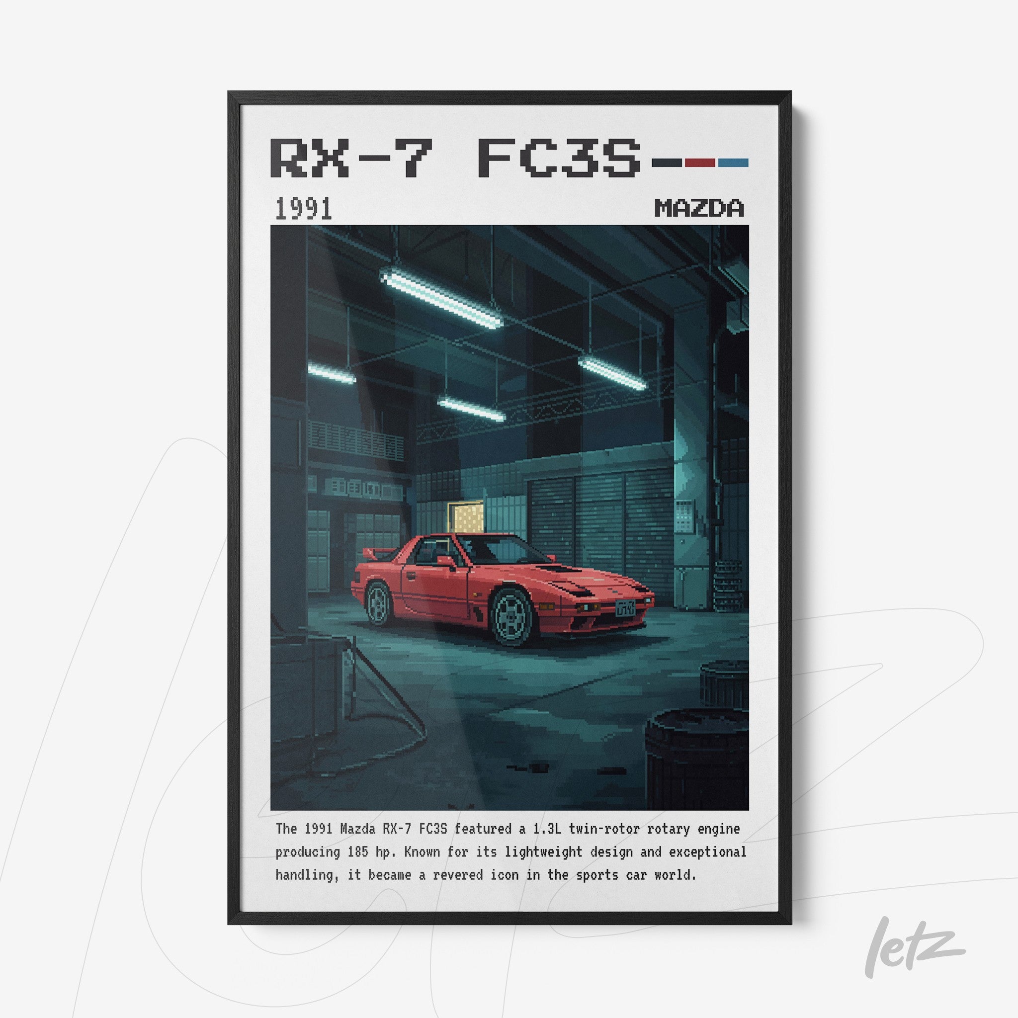 framed digital art of the Mazda RX-7 FC3S car in a garage setting with retro style and vibrant colors