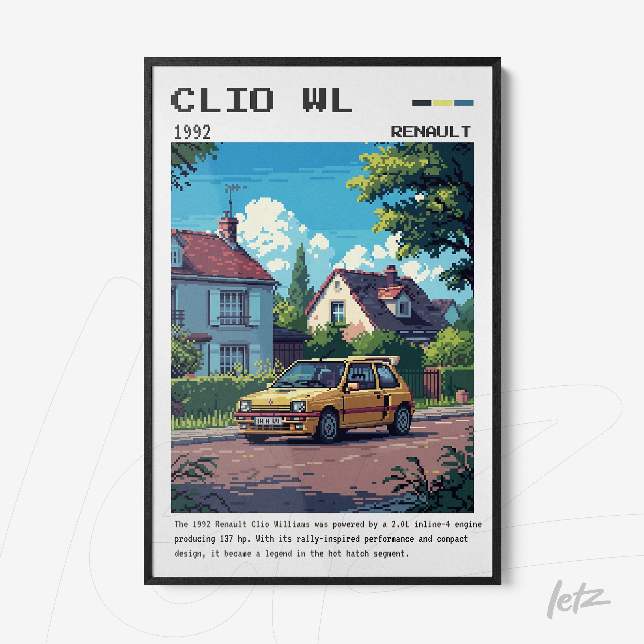 framed retro-style illustration of a yellow Renault Clio Williams car in an urban scene with a black frame